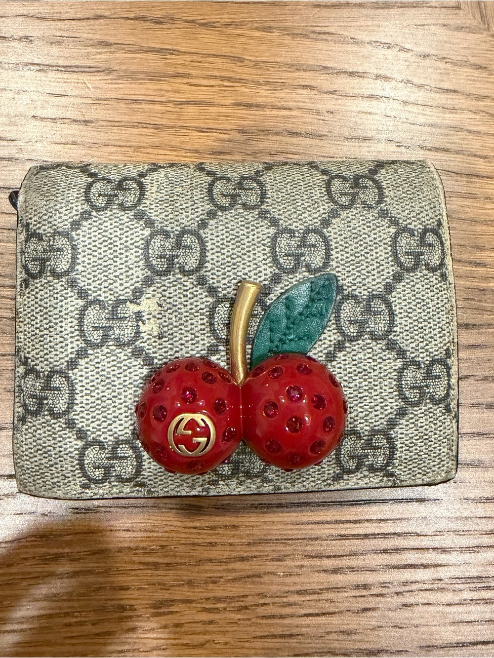 Gucci Supreme Canvas Monogram Compact Wallet w Red Cherry Embellishment and COA